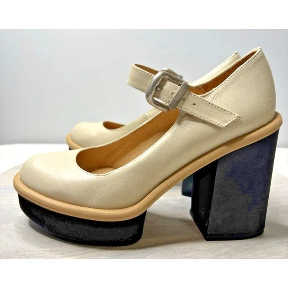 FREE PEOPLE 6.5 MAGGIE MJ PLATFORM IVORY LEATHER HEELS STRAP BUCKLE - Picture 2 of 11